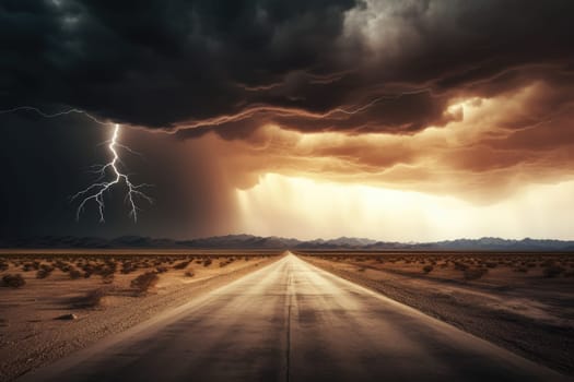 Image of thunderstorms and overcast skies. View of a long road outside the city by Generative AI..