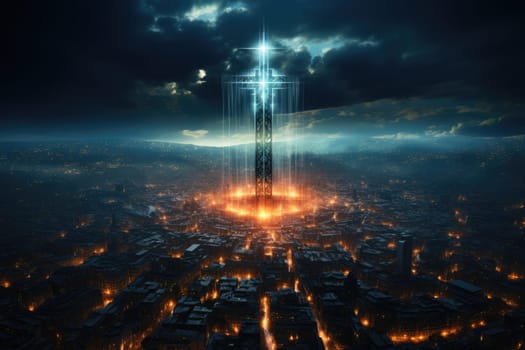 Glowing Catholic cross above the earth and surrounding clouds. Sacred and slightly surreal.by Generative AI..