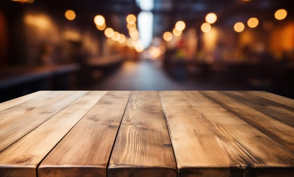 a wooden table top with a blur background of lights in the background of the table and the table top is made of wood and has a wooden surface with a. generative ai.