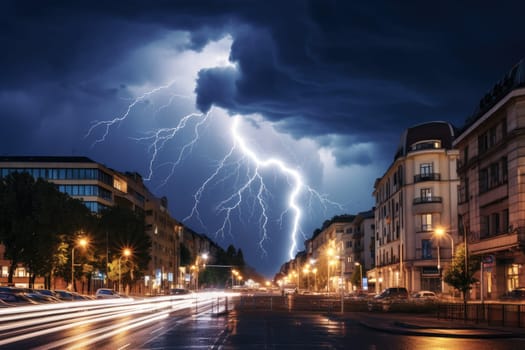 Image of thunderstorm and overcast skies in the city center by Generative AI..