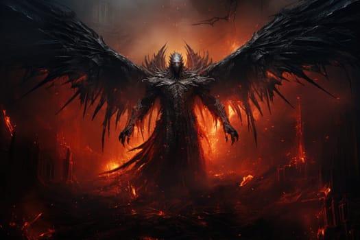 Genrative ai collage picture of evil satanic inferno with dark wings fallen angel in hell.by Generative AI..