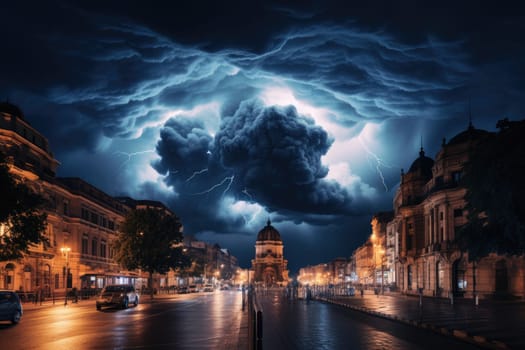 Image of thunderstorm and overcast skies in the city center by Generative AI..