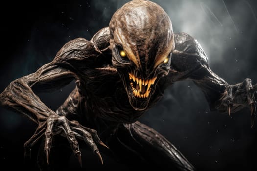 Menacing Alien Monster in Action Pose with Dramatic Dark Background.by Generative AI..