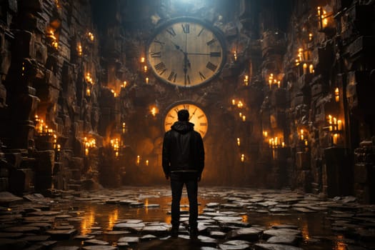 Time flies, a man from behind is standing in a large clock room, time stands still in a dark cave.by Generative AI..