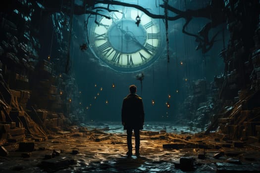 Time flies, a man from behind is standing in a large clock room, time stands still in a dark cave.by Generative AI..