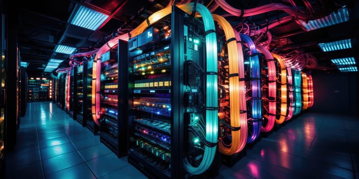 A complex set of wires and cables converge in data center where server process and transmit data around the world. Data infrastructure storage.by Generative AI..