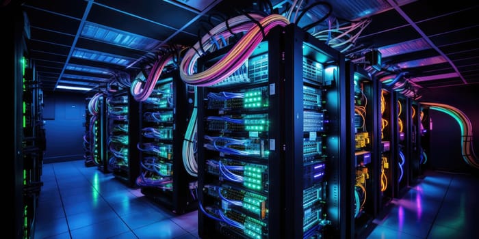 A complex set of wires and cables converge in data center where server process and transmit data around the world. Data infrastructure storage.by Generative AI..