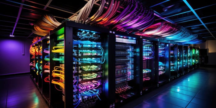 A complex set of wires and cables converge in data center where server process and transmit data around the world. Data infrastructure storage.by Generative AI..