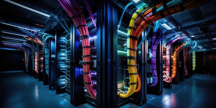 A complex set of wires and cables converge in data center where server process and transmit data around the world. Data infrastructure storage.by Generative AI..