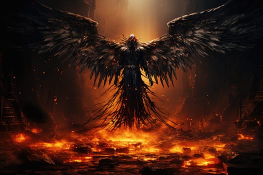 Genrative ai collage picture of evil satanic inferno with dark wings fallen angel in hell.by Generative AI..