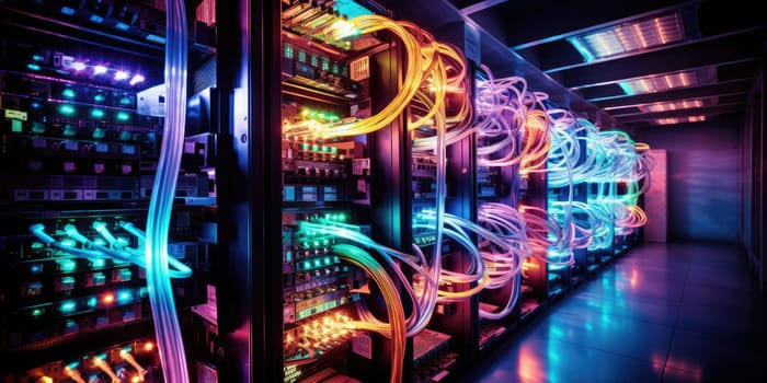 A complex set of wires and cables converge in data center where server process and transmit data around the world. Data infrastructure storage.by Generative AI..