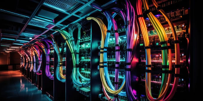 A complex set of wires and cables converge in data center where server process and transmit data around the world. Data infrastructure storage.by Generative AI..