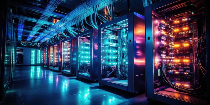 A complex set of wires and cables converge in data center where server process and transmit data around the world. Data infrastructure storage.by Generative AI..