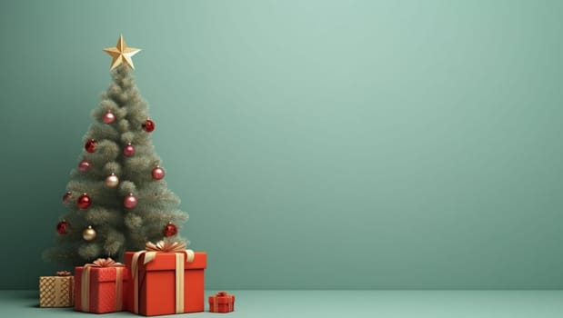 Christmas tree on a green background. Gifts under the Christmas tree, New Year's mood. High quality photo