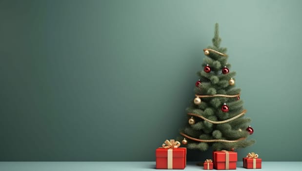 Christmas tree on a green background. Gifts under the Christmas tree, New Year's mood. High quality photo