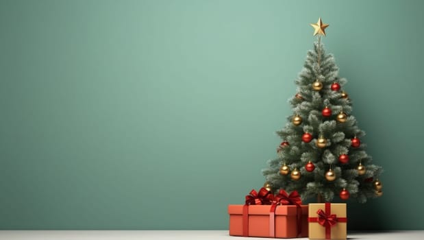 Christmas tree on a green background. Gifts under the Christmas tree, New Year's mood. High quality photo