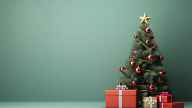 Christmas tree on a green background. Gifts under the Christmas tree, New Year's mood. High quality photo