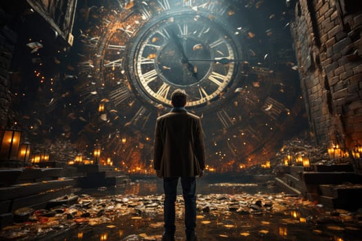 Time flies, a man from behind is standing in a large clock room, time stands still in a dark cave.by Generative AI..