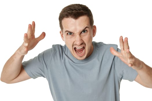 annoyed angry bearded man shouting on white studio background
