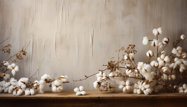 Cotton plant flowers lies on burlap background texture. top view. harvest and cotton fabric linen. Fluffy fibers in flower balls on branch, white canvas. Weaving material for textile production, light industry vintage filter design background antique