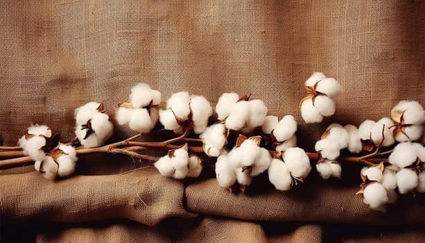 Cotton plant flowers lies on burlap background texture. top view. harvest and cotton fabric linen. Fluffy fibers in flower balls on branch, white canvas. Weaving material for textile production, light industry vintage filter design background antique