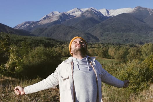 joyful male tourist in autumn