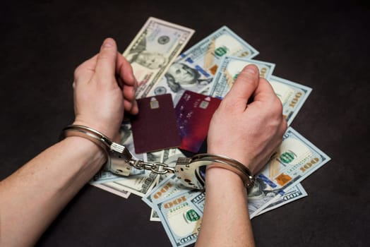 Hands of a fraudster with handcuffs on a background of us dollars and credit cards. Fraud, cyber crime concept.