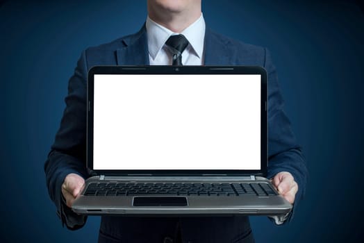 Businessman holding an open notebook laptop