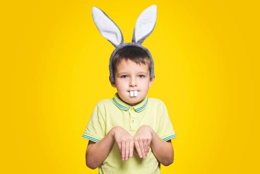 Little boy is acting as a little easter bunny on yellow background. A child is wearing bunny ears and teeth on Easter day.