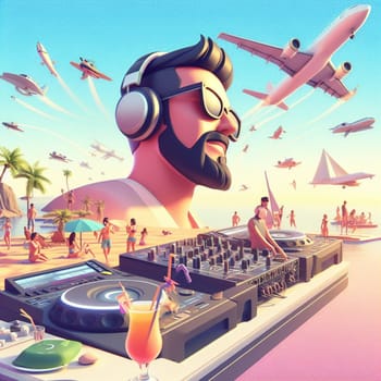 young deejay, wear glasses earphone hosting dj set at crowded beach party tropical island isometric ai generative ai art