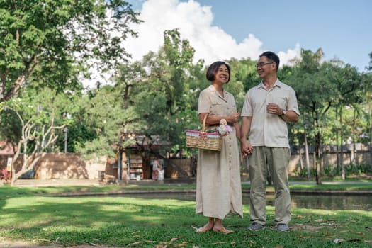 elderly married couple retired have a picnic together in the park. senior retired conceptual.