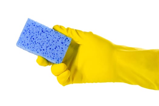 Sponge for washing dishes in a female hand. Hand in a yellow glove isolated on a white background.