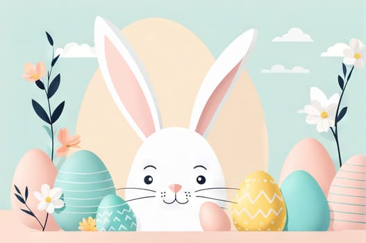 abstract illustration of happy easter bunny and eggs cut from paper on color background