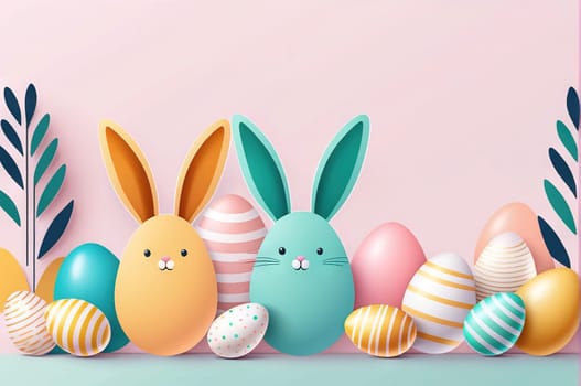 Happy Easter banner, poster, greeting card. Fashionable Easter design with bunny, flowers, eggs in pastel colors. Modern minimalist style