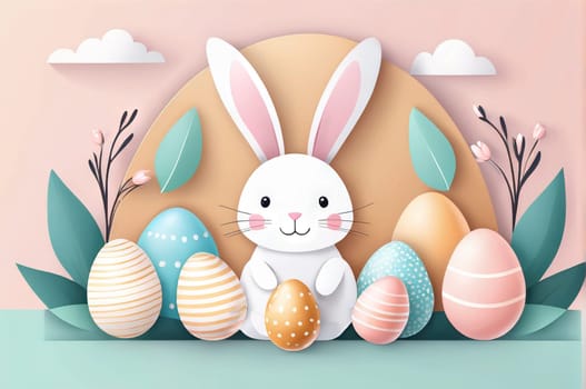 Cute funny bunny, Happy Easter theme, on color background