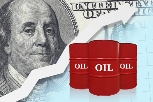 Red oil barrels with white arrow up. Oil industry concept. Raising prices chart