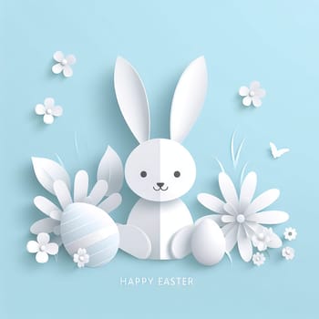 Happy Easter card, bunny eggs flowers and spring frame. Modern background concept. Place for text. cut from paper.