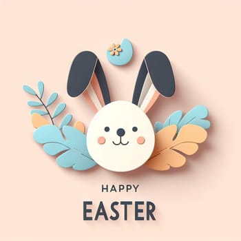 Happy Easter card, bunny eggs flowers and spring frame. Modern background concept. Place for text. cut from paper.