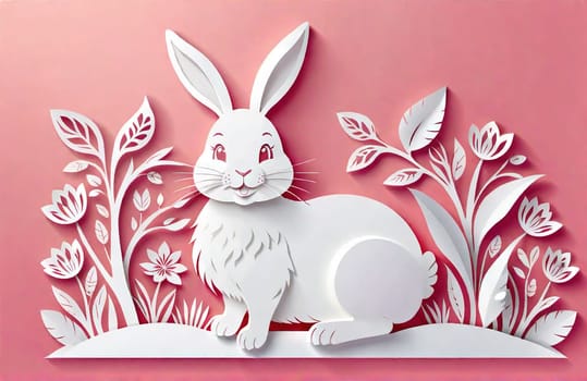 Happy Easter card, bunny eggs flowers and spring frame. Modern background concept. Place for text. cut from paper.