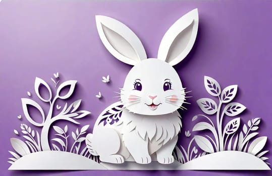 abstract illustration of happy easter bunny and eggs cut from paper on color background