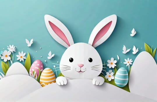 Happy Easter paper art with Easter eggs and rabbit, greeting card. Paper cut style