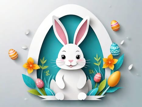 Happy Easter banner, poster, greeting card. Fashionable Easter design with bunny, flowers, eggs in pastel colors. Modern minimalist style