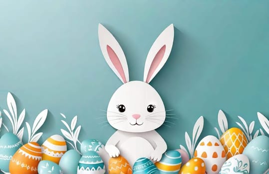 Happy Easter paper art with Easter eggs and rabbit, greeting card. Paper cut style