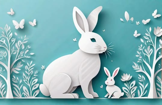 abstract illustration of happy easter bunny and eggs cut from paper on color background