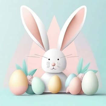 Happy Easter banner, poster, greeting card. Fashionable Easter design with bunny, flowers, eggs in pastel colors. Modern minimalist style