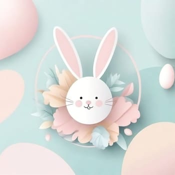 Happy Easter card, bunny eggs flowers and spring frame. Modern background concept. Place for text. cut from paper.