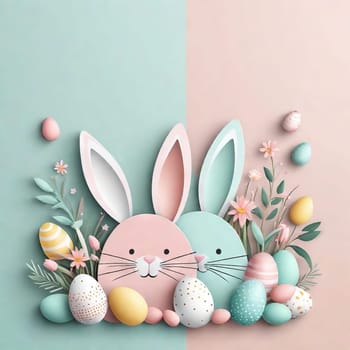 Happy Easter banner, poster, greeting card. Fashionable Easter design with bunny, flowers, eggs in pastel colors. Modern minimalist style