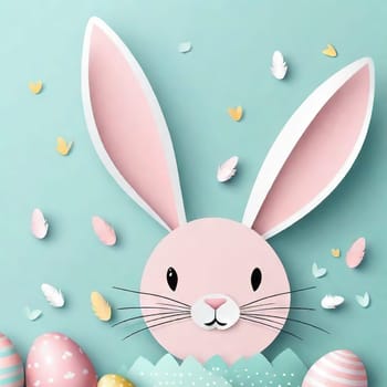 Happy Easter banner, poster, greeting card. Fashionable Easter design with bunny, flowers, eggs in pastel colors. Modern minimalist style