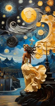 Dreamlike scene blending the swirling impressionist sky, europa village on the background, a carved fantastical female voluptous creature in elegant gala party dress, curly hairstyle, ai art generated