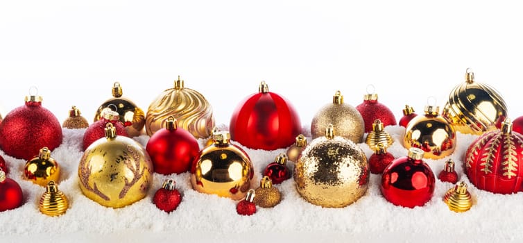 gold and red christmas balls long frame on white